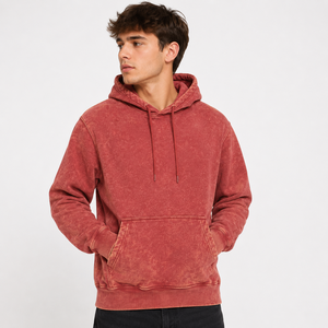 Men's <b>Red</b> Washed Fleece Hoodie Regular Fit Casual Hooded Sweatshirt Solid Color Pocket Design Breathable Street Wear <b>Hoodies</b> - Product Image 1