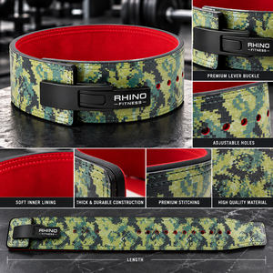 Cinturón de Levantamiento de Pesas Rhino Fitness de Cuero con Camuflaje, Soporte Lumbar Ajustable Envolvente, Protección Básica, Forro Rojo, para Adultos - Product Image 6