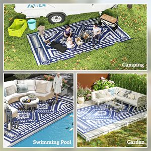 Tappeto impermeabile reversibile esterno 9 'X 18' blu e bianco quadrato Patchwork borsa da trasporto inclusa-paglia di plastica per interni/esterni - Product Image 5
