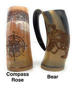Handmade Buffalo Horn Mug <b>Compass</b> Rose Bear Design <b>Vintage</b> Drinking Cup Large Capacity Eco Friendly Beer Coffee Gift Horn Mug - Product Image 1