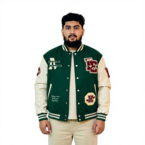 <b>Men's</b> Spring Breathable Windproof Double Breasted Varsity <b>Jacket</b> with Embroidery Logos for <b>Men</b> Wool Body Genuine Leather Sleeves - Product Image 1