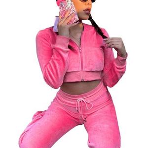 Survêtement en velours personnalisé avec logo, ensemble deux pièces court pour femme, vêtements de sport, motif uni, sports d'hiver - Product Image 1