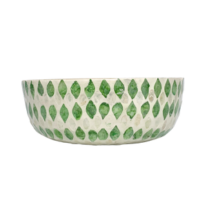 Bol décoratif rond en bambou fait à la main avec incrustation de capiz Design écologique motif géométrique vert pour servir la décoration de stockage à la maison - Product Image 4