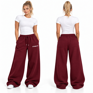 Pantalones Cargo de Felpa Personalizados para Mujer, Color Morado, Pierna Ancha, Cintura Media, Cordón Elástico, Corte Regular, Largos, Estilo Urbano - Product Image 4
