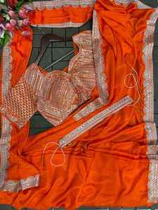 Sari Banarasi en coton exclusif pour femme, tissage traditionnel, imprimé jacquard, bordure en dentelle, longueur ras du sol, pour mariage, 1 Minute Saree 77151 - Product Image 4