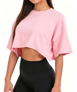Women's <b>Crop</b> <b>Top</b> Short Sleeve Crew Neck Loose Fit Knitted Cotton Solid Color Breathable Spring Summer T-Shirt - Product Image 4