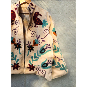 Veste en velours beige brodée, manteau court d'hiver, motif oiseau brodé, veste pour femme, coton tissé à la main, style bohème, cadeau pour elle - Product Image 3