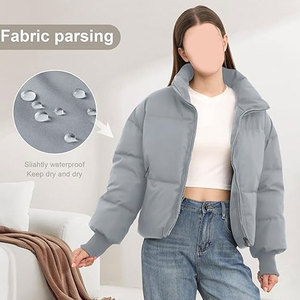 Women’s Winter <b>Cropped</b> <b>Puffer</b> <b>Jacket</b> Coat Casual Quilted Baggy Long Sleeve Zip Down <b>Jackets</b> Outerwear Warm Hooded Layered Cold - Product Image 4