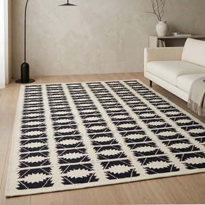 พรมปูพื้น DECORDEC สีดำงาช้าง ทำจากขนสัตว์ เป็นมิตรต่อสิ่งแวดล้อม และกันลื่น ทอด้วยมือ ลายเรขาคณิตแบบแบน ลายดอกบัวซ้อนกัน - Product Image 4