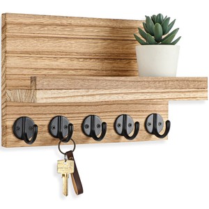 Natural Oak Wood Key Holder with <b>Shelf</b> - 5 Hook <b>Wall</b> <b>Mount</b> Wholesale - Product Image 1