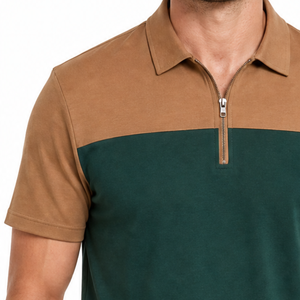Polo elegante para hombre con bloques de color y cremallera de un cuarto, manga corta, estilo casual, verde y marrón, diseño sólido, corte regular - Product Image 3