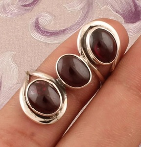 Natural Red <b>Garnet</b> Oval <b>Ring</b> 925 Sterling <b>Silver</b> Handcrafted Three Stone Designer Gift Jewelry - Product Image 3