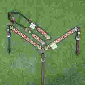 Ensemble de têtière et de collier de poitrail en cuir Western, avec gravure florale peinte à la main, équipement équestre en cuir argentin (pour cheval entier) - Product Image 1