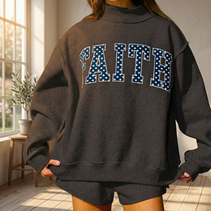 Nuevas sudaderas de cuello simulado de forro polar para mujer, de moda, con parche bordado de lunares y estampado de letras 'Faith', estilo oversize, para otoño - Product Image 3