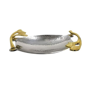 Elegant Designer Oval Shape Food <b>Serving</b> <b>Tray</b> Finest Quality Silver Metal <b>Tray</b> With <b>Gold</b> Leaf Design Handle For Hotel Supplies - Product Image 4