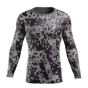<b>Men's</b> Long Sleeve <b>Compression</b> <b>Shirt</b> Black Blue Marble Print Crew Neck Fitted Moisture Wicking Quick Dry Polyester Baselayer - Product Image 4