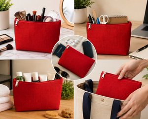 Red Jute Cosmetic Bag with Zipper Closure <b>Small</b> Size Light <b>Weight</b> Foldable Portable Vintage Style Makeup Storage - Product Image 6