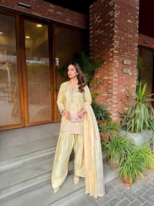 Party Wear Designer Embroidery And Sequence Work Japan Satin <b>Top</b> With Farshi Salwar Bottom And Dupatta Readymade Collection - Product Image 1