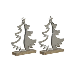 Modern Metal <b>Christmas</b> <b>Tree</b> Sculpture With Star <b>Top</b> Natural Wooden Base Elegant Silver Aluminum Festive Tabletop Decor For Sale - Product Image 1