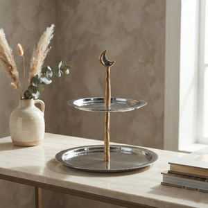 Chic Two <b>Tier</b> Hammered Theme Silver Metal <b>Cake</b> Stand With Textured Gold Spindle And Crescent Moon Top Finial For Luxury Serving - Product Image 1