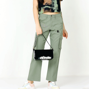 Women Cargo <b>Pants</b> Solid Green Mid Waist Ankle-Length Casual <b>Pants</b> With Pockets Breathable Woven Regular Fit - Product Image 1