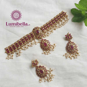 <b>Ruby</b> and White Kemp Choker <b>Necklace</b> Set-Designer Bridal Fine Jewelry - Product Image 1