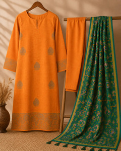 Ensemble kurta en coton Jamdani brodé à la main, non cousu, couleur orange, pour femmes, disponible au prix de gros, costume couleur safran. - Product Image 5