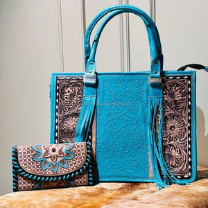 Grand sac fourre-tout en cuir taillé à la main Turquoise Floral et portefeuille à fleurs Turquoise à la mode occidentale Ensembles combinés pour femmes - Product Image 4