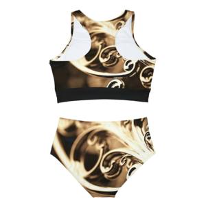 Conjunto de bikini con estampado geométrico para mujer, top corto tipo bandeau con cuello halter y cintura alta, lazo lateral, traje de baño de dos piezas de spandex y poliéster - Product Image 5