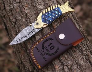 Cuchillo plegable de acero de Damasco 58HRC con hoja recta y punta caída, mango de madera y hueso, calidad industrial, cuchillo de camping, regalo para el compañero/a de vida. - Product Image 6