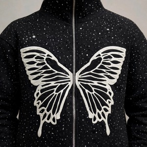 DRIFTWEAR IMPEX Survêtement tricoté surdimensionné à imprimé papillon en relief - Hoodie zippé streetwear hip-hop orné de strass et joggers superposés - Product Image 4