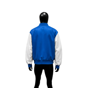 Veste universitaire en satin bleu avec manches blanches, veste bomber de baseball haut de gamme pour hommes et femmes, veste de mode Letterman en gros - Product Image 2