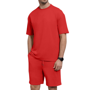 Men's Red Solid Color V-neck Plus Size Heat-Transfer Printed T-Shirt and Shorts <b>Set</b> Casual Summer <b>Knitted</b> Cotton 2-Piece Outfit - Product Image 4