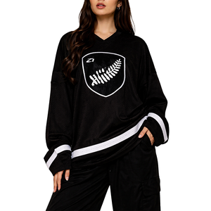 Camiseta Deportiva Oversize de Fútbol Americano con Malla, Diseño Gráfico de Hojas, Manga Larga, Transpirable, de Poliéster, Unisex, Estilo Urbano, Color Negro - Product Image 1