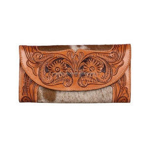 Handtooled fleur Design portefeuille à trois volets femmes à la main en cuir pochette Vintage mode carte argent fentes sac à main peau de vache - Product Image 3