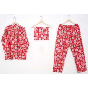 ชุดนอนผ้าฝ้ายออร์แกนิคพิมพ์ลายดอกไม้สีแดงสวยงาม แขนยาว สไตล์วินเทจ ชุดนอนลำลองเข้าชุดกัน ชุดนอนโบโฮ - Product Image 1