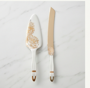 Ensemble de 2 couteaux et spatules à gâteau dorés à motifs floraux, en acier inoxydable, réutilisables, pour servir des desserts lors de fêtes - Product Image 1