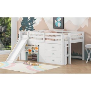Letto a soppalco basso bianco a una piazza e mezza con scivolo, tre cassetti portaoggetti e due ante - Letti per bambini - Product Image 4