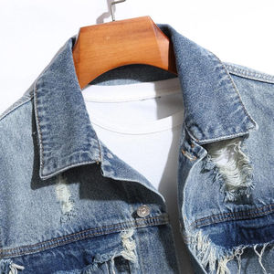 Distressed Blue Men's Denim Jacket Ripped <b>Jean</b> Coat Streetwear Fashion Slim Fit Tassels Fringe Outerwear Casual Style Cotton - Product Image 2