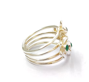 Anillo de banda ancha de varias filas de moda con ónix verde, plata 925, diseño floral de triple capa, joyería fina llamativa - Product Image 3