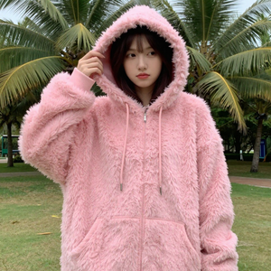 Sudadera con Capucha de Forro Polar de Poliéster/Nylon con Estampado de Hojas de Palma Rosas, Manga Larga, Bordada, para Invierno, Personalización OEM/ODM - Product Image 6