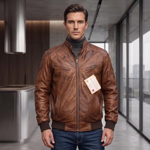Veste en cuir d'agneau véritable marron pour homme, doublure matelassée pleine fleur, vêtement d'extérieur décontracté pour l'hiver - Product Image 1