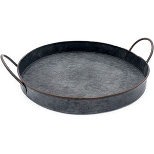 Juego de bandejas redondas de acero galvanizado estilo rústico con asas de madera natural, bandejas decorativas de metal de zinc para el hogar. - Product Image 5