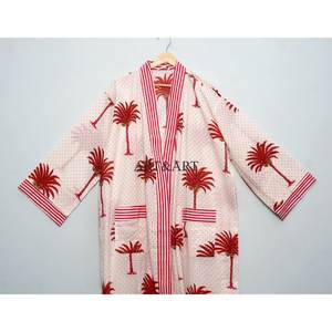 Traditional Block Print Floral Cotton <b>Kimono</b> For <b>Woman</b> Designed As Relaxed Night Wear And Stylish Lounge Robe for sleep wear - Product Image 2
