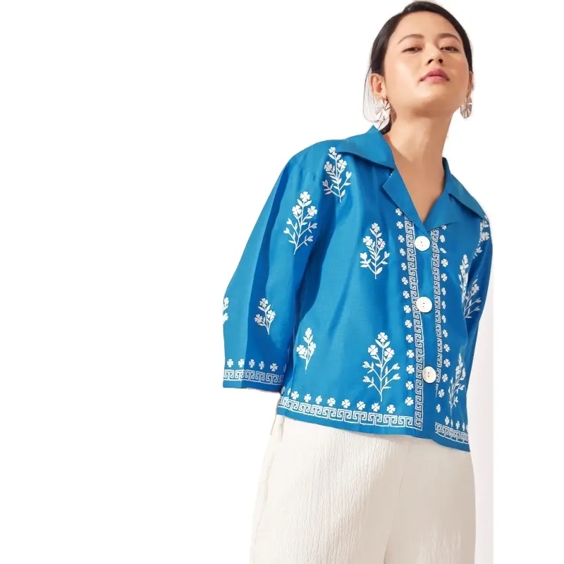ขายดีที่สุดสีฟ้าปักเสื้อพืชสำหรับผู้หญิงโดยผู้ส่งออกอินเดียขายร้อนเสื้อผ้าลำลองที่กำหนดเอง OEM ขายส่ง