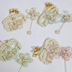 Handcrafted Floral Jewelry Sets Multi-Strand Pearl <b>Bracelets</b> Ornate Gold Toned Tassels And <b>Matching</b> Long-Stemmed Floral Pins - Product Image 1