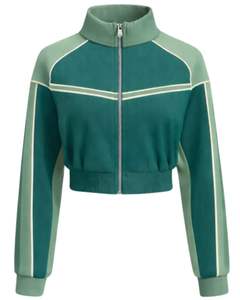 Chaqueta deportiva corta Green Sage para mujer, con cremallera, para gimnasio, fitness, ropa deportiva, con rayas en contraste, proveedor OEM. - Product Image 1