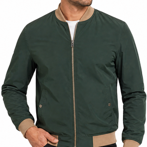 Hot selling Men's Olive Dark Green Beige Contrast Ribbed Trim Bomber <b>Jacket</b> Snap Pocket Casual Lightweight <b>Zip</b> <b>Up</b> <b>jacket</b> - Product Image 2