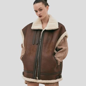 Chaleco de Piel de Oveja Genuina para Mujer, Estilo Bomber B3 RAF, Color Marrón Chocolate, para Invierno - Product Image 1