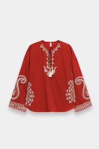 Kurta en coton brodé rouge pour femmes, vêtements traditionnels indiens et pakistanais décontractés à coupe ample - Product Image 5